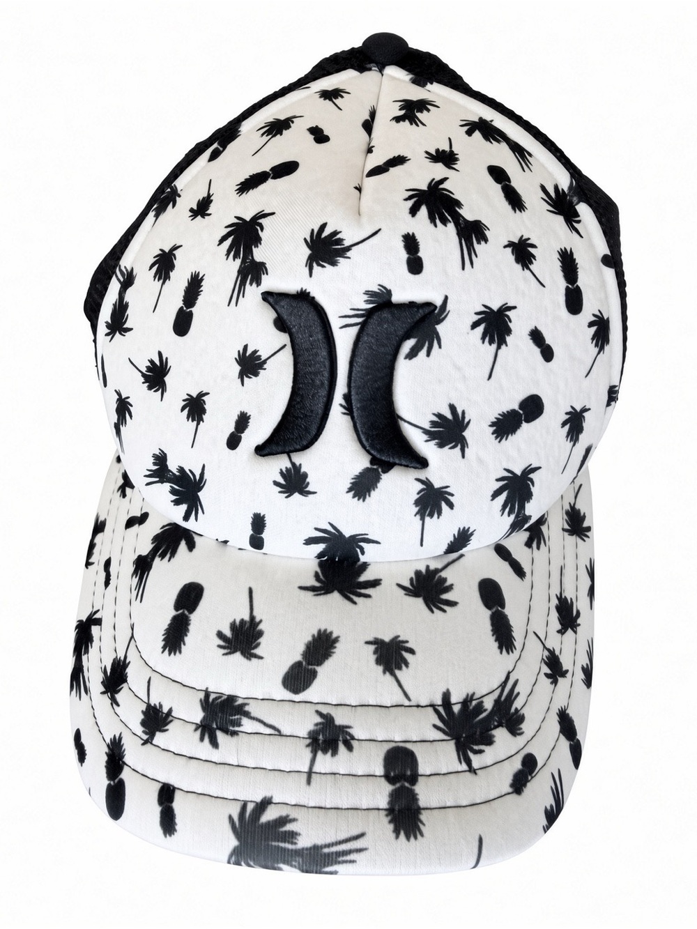 Hurley Black and White Palm TrHurley Black and White Palm Tree Print Trucker Hat